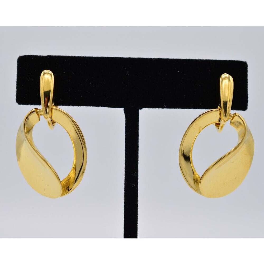 Vintage Clip On Earrings Gold Tone Dangle Door Knocker Statement NOS 1980s 9D